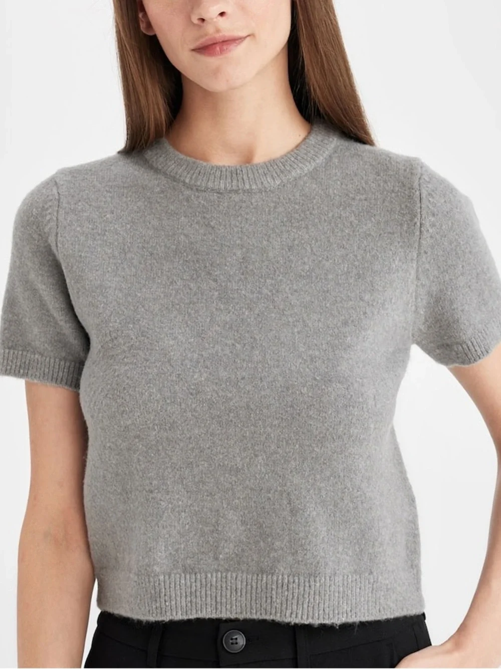 H&M Mocha Gray Short-Sleeve Crewneck Acrylic-Blend Sweater XS